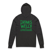 black lightweight St Patricks  Day hoodie with the Phrase “Drinks Well With Leprechauns”  with a leprechaun to complete the design