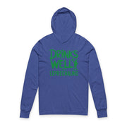 royal blue lightweight St Patricks  Day hoodie with the Phrase “Drinks Well With Leprechauns”  with a leprechaun to complete the design