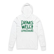 white lightweight St Patricks  Day hoodie with the Phrase “Drinks Well With Leprechauns”  with a leprechaun to complete the design