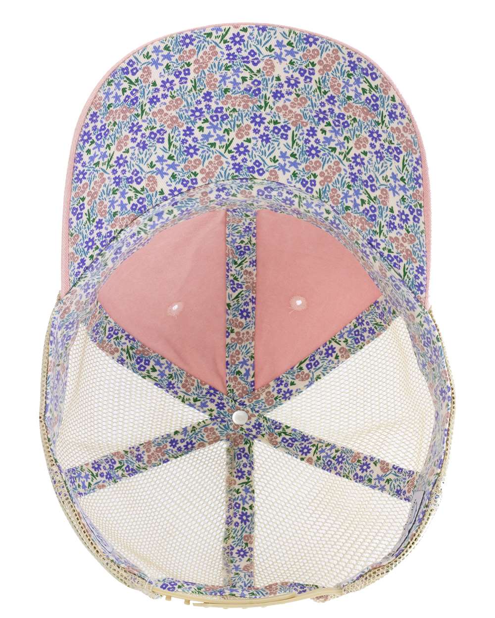 Cap with floral pattern and peace sign design on a white background