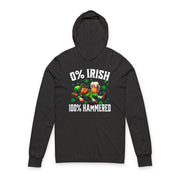 Black hoodie with '0% Irish 100% Hammered' text and graphics on a white background