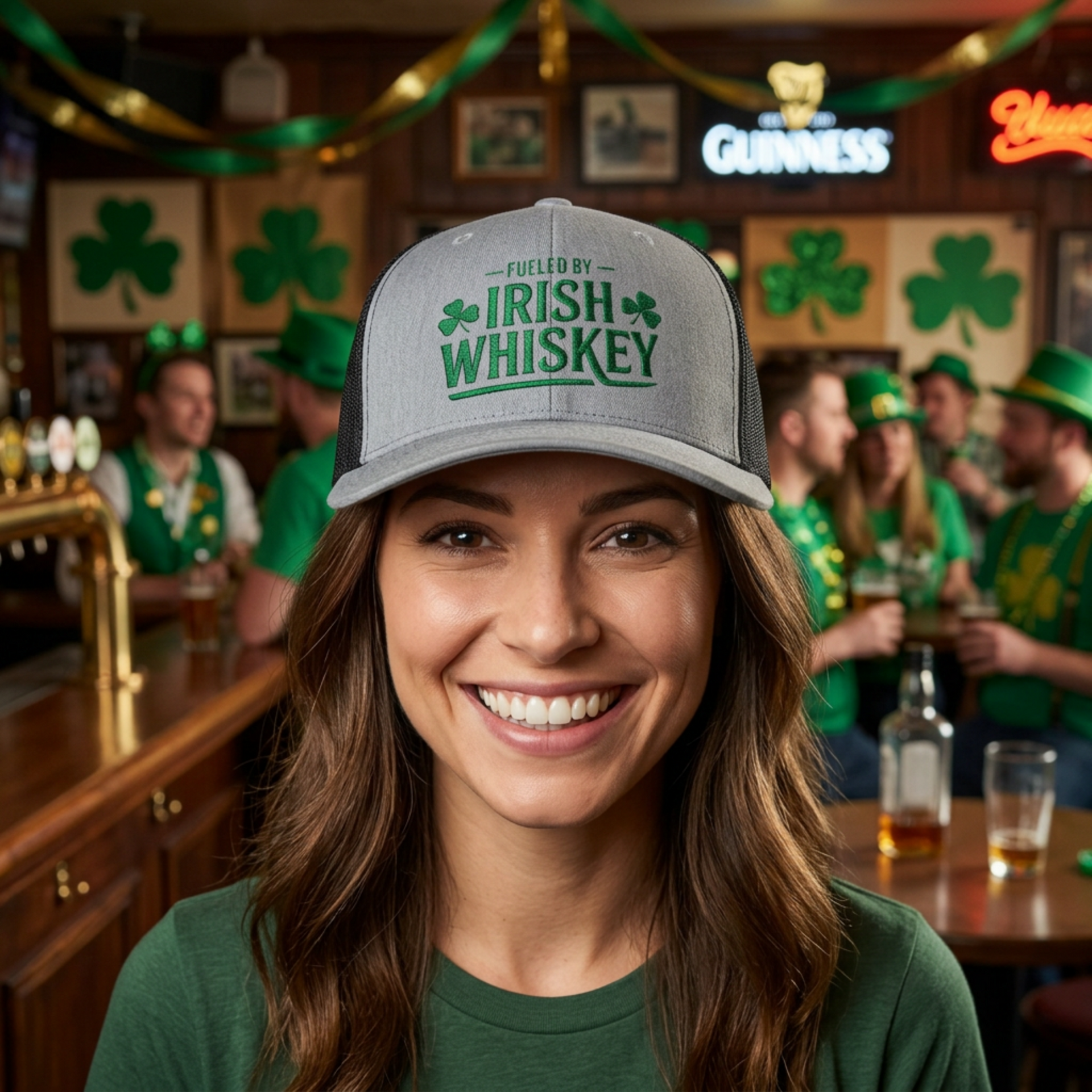 woman wearing a gray and black curved trucker hat with the phrase 'Fueled by Irish Whiskey' funny St Patricks Day Pub crawl and parade design