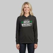 Person wearing a black hoodie with 'Fueled by Irish Whiskey' text on a gray background