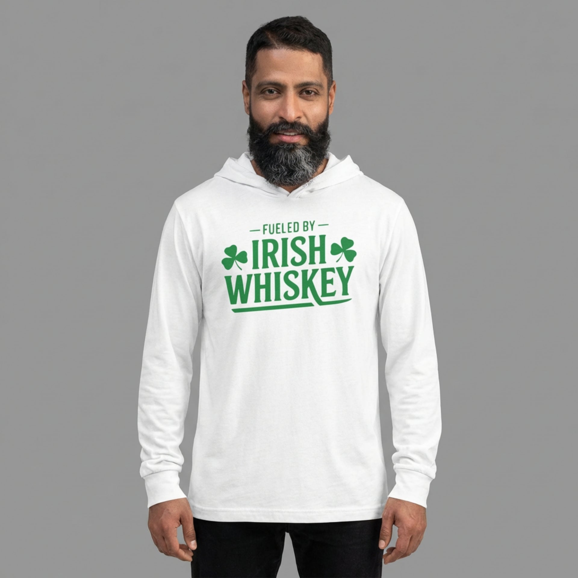Man wearing a white hoodie with 'Fueled by Irish Whiskey' text and shamrock design on a gray background