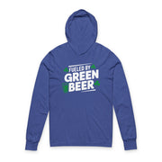 royal blue lightweight St Patricks  Day hoodie with the Phrase “fueled by green beer”  with a shamrocks to complete the design