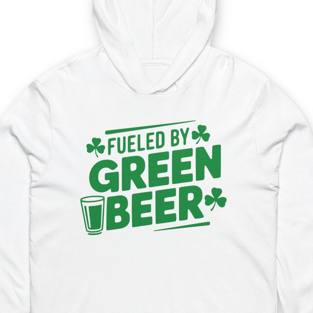 zoome in view of a white lightweight St Patricks  Day hoodie with the Phrase “fueled by green beer”  with a shamrocks to complete the design