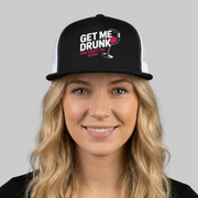 Person wearing a black and white cap with 'Get Me Drunk and Enjoy the Show' funny spring break design