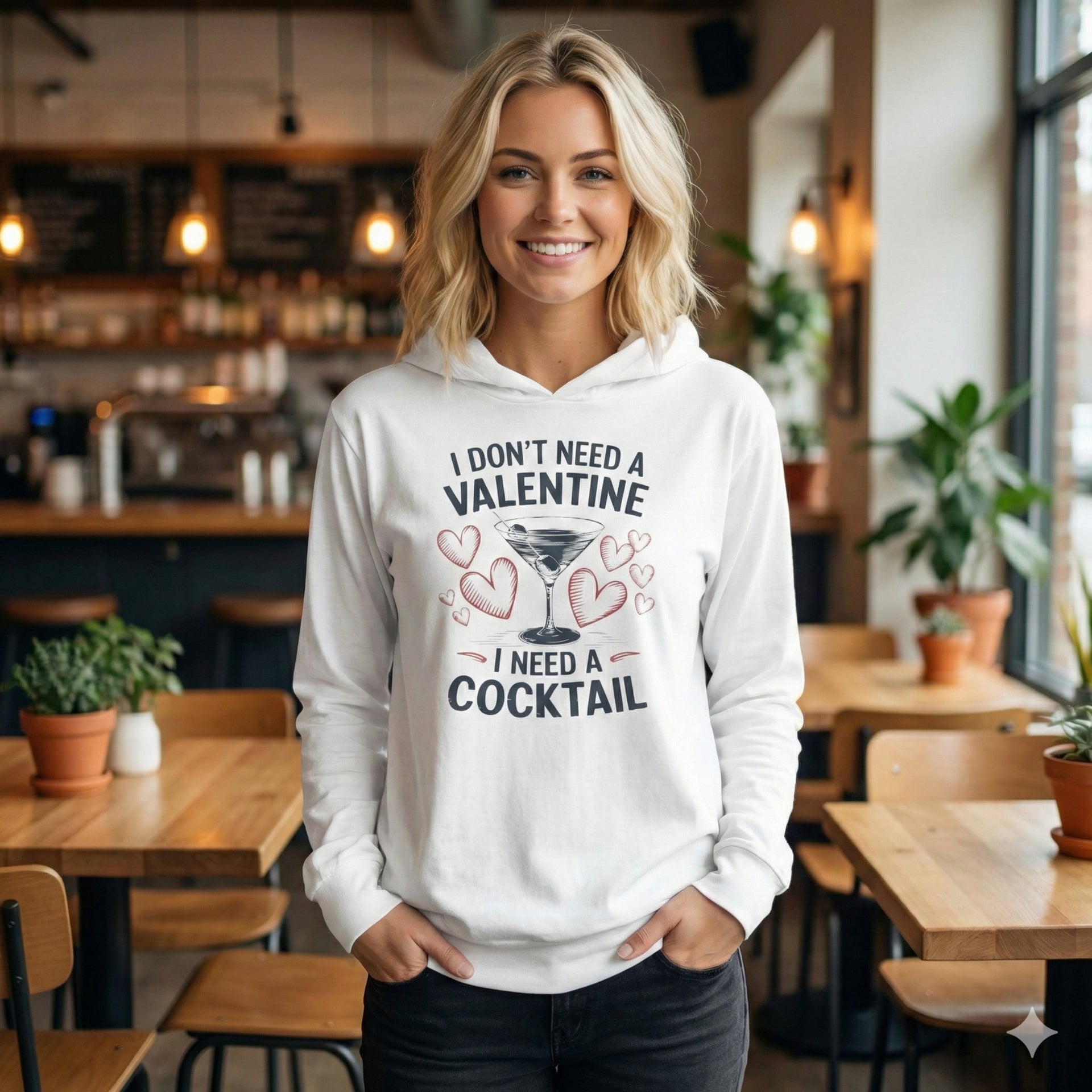 blonde female model wearing a featherweight hoodie with the phrase “I don’t need a valentine I need a cocktail” with an ink sketched wine glass and sketched valentine hearts to  complete the design
