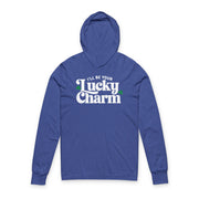 royal blue lightweight St Patricks  Day hoodie with the Phrase “ill be your lucky charm”  with a shamrocks to complete the design
