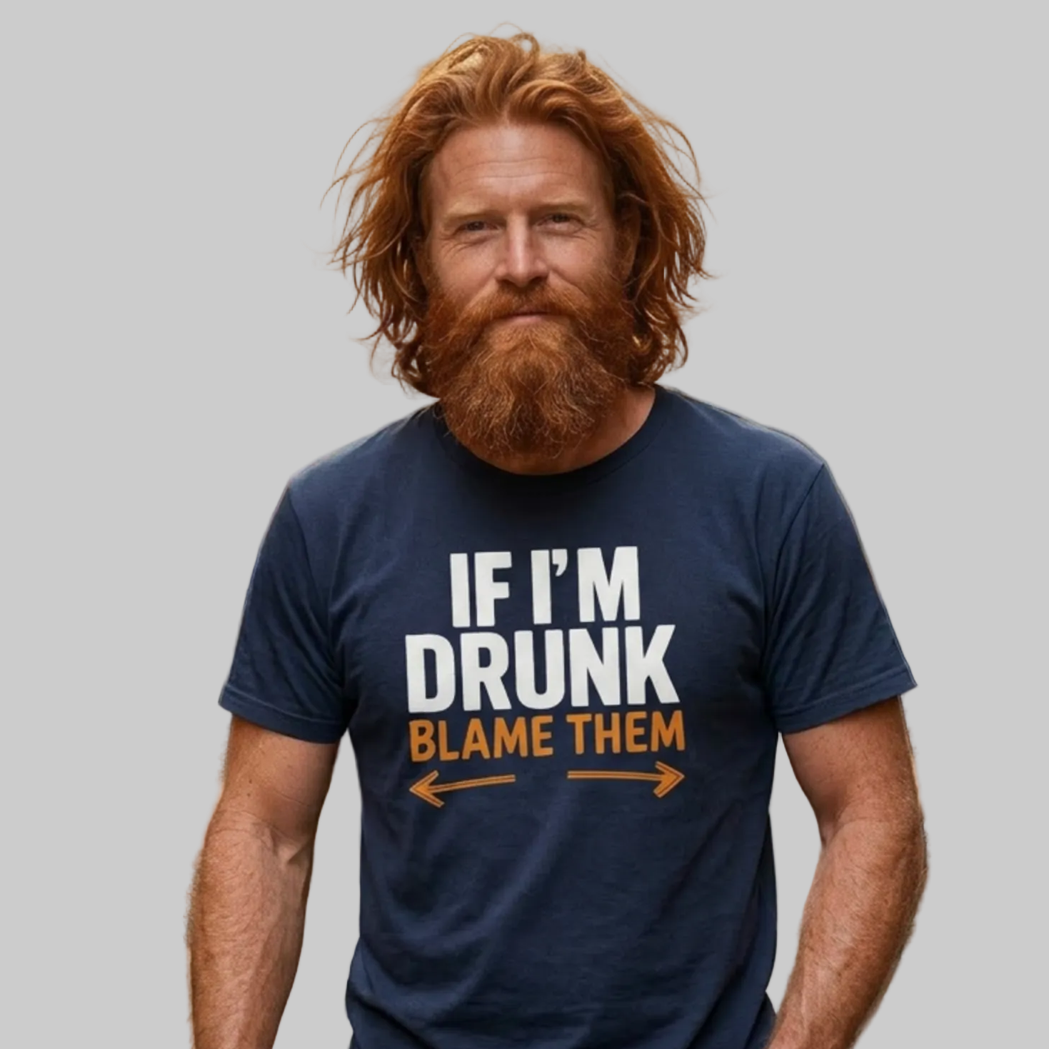 Man wearing a navy blue t-shirt with text 'If I'm Drunk Blame Them' funny spring break, beach trip, summer vacation, guys trips, girls trips, bachelor parties, bachelorette parties design 