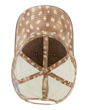 abstract print on a brown and khaki faded ponytail trucker cap with 'Cougar on the Loose' text and lipstick kiss mark funny spring break, beach vacation, summer vacation, lake season design.