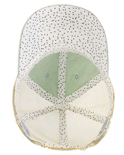 polka dots pattern on a green and khaki faded ponytail trucker cap with 'Cougar on the Loose' text and lipstick kiss mark funny spring break, beach vacation, summer vacation, lake season design.