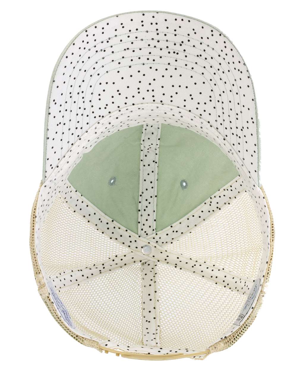 polka dots pattern on a green and khaki faded ponytail trucker cap with 'Cougar on the Loose' text and lipstick kiss mark funny spring break, beach vacation, summer vacation, lake season design.