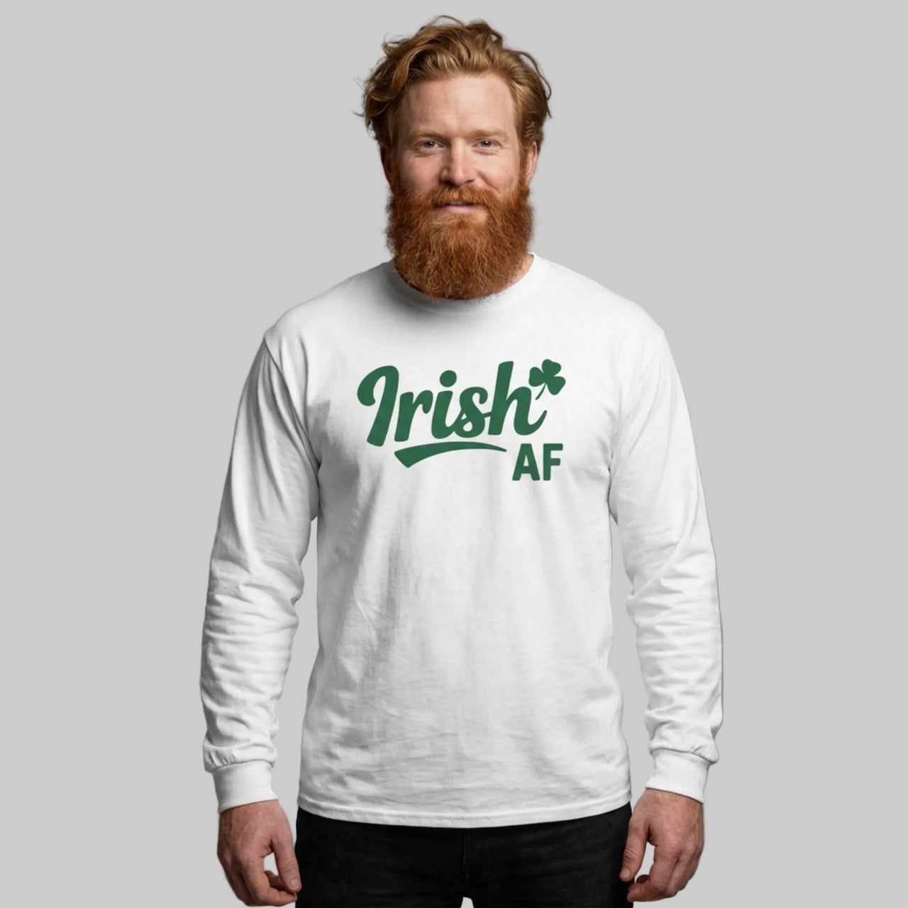 Man wearing a white long-sleeve shirt with the phrase 'Irish AF' funny st patricks day design