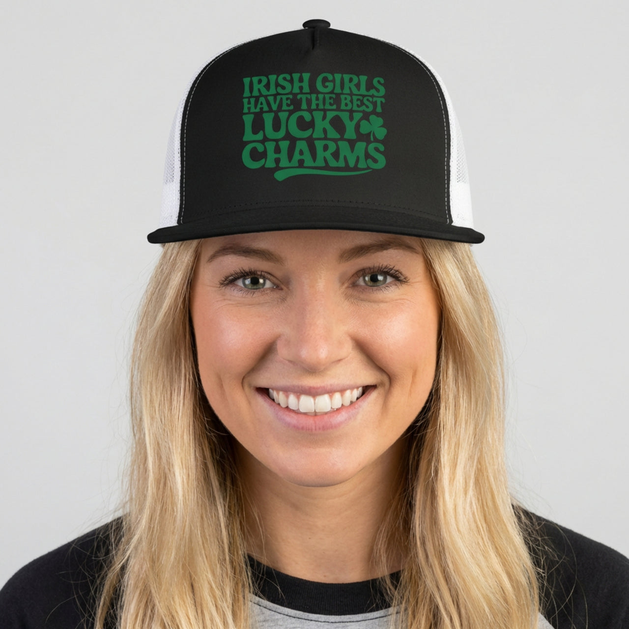 St. Patrick's Day Trucker Hat | Irish Girls Have the Best Lucky Charms | Funny Flat Bill Snapback | Mesh Back Cap