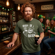 man wearing a green t-shirt with 'Irish I had more beer' graphic design funny St Patricks Day pub crawl and parade design