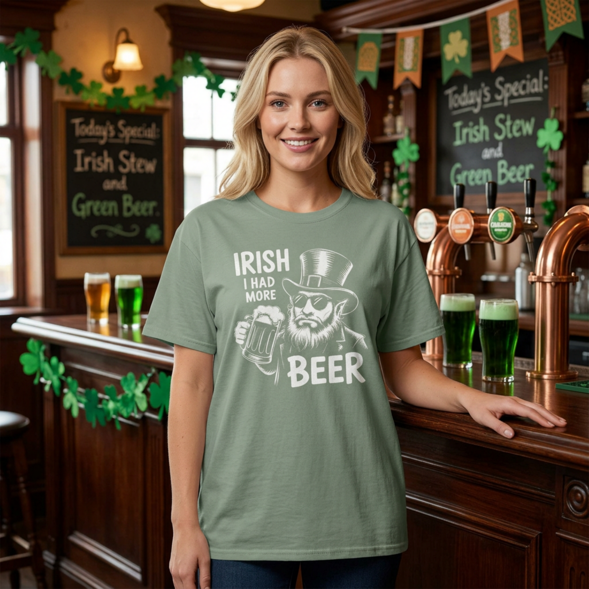 woman wearing a green t-shirt with 'Irish I had more beer' graphic design funny St Patricks Day pub crawl and parade design