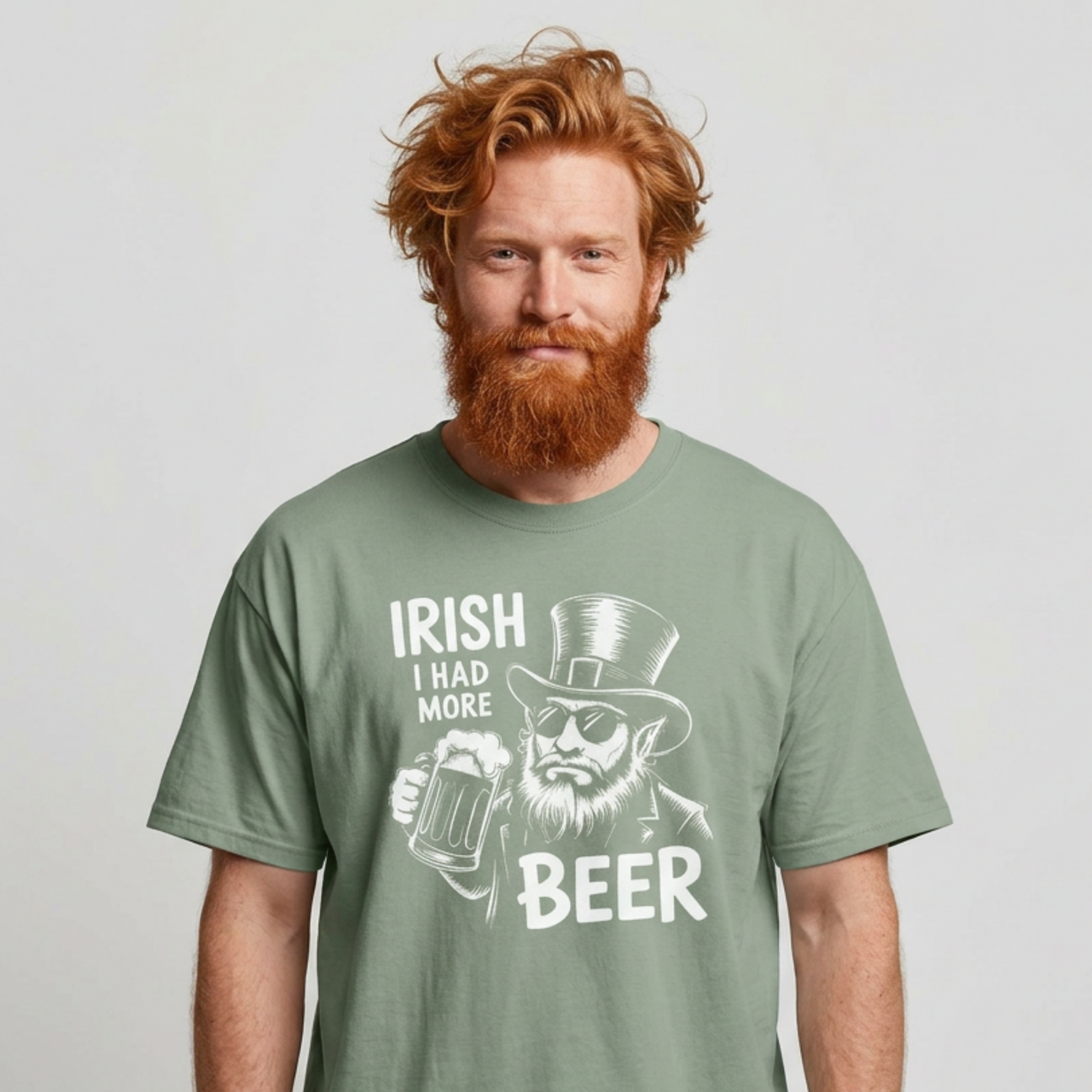Man wearing a green t-shirt with 'Irish I had more beer' graphic design funny St Patricks Day pub crawl and parade design