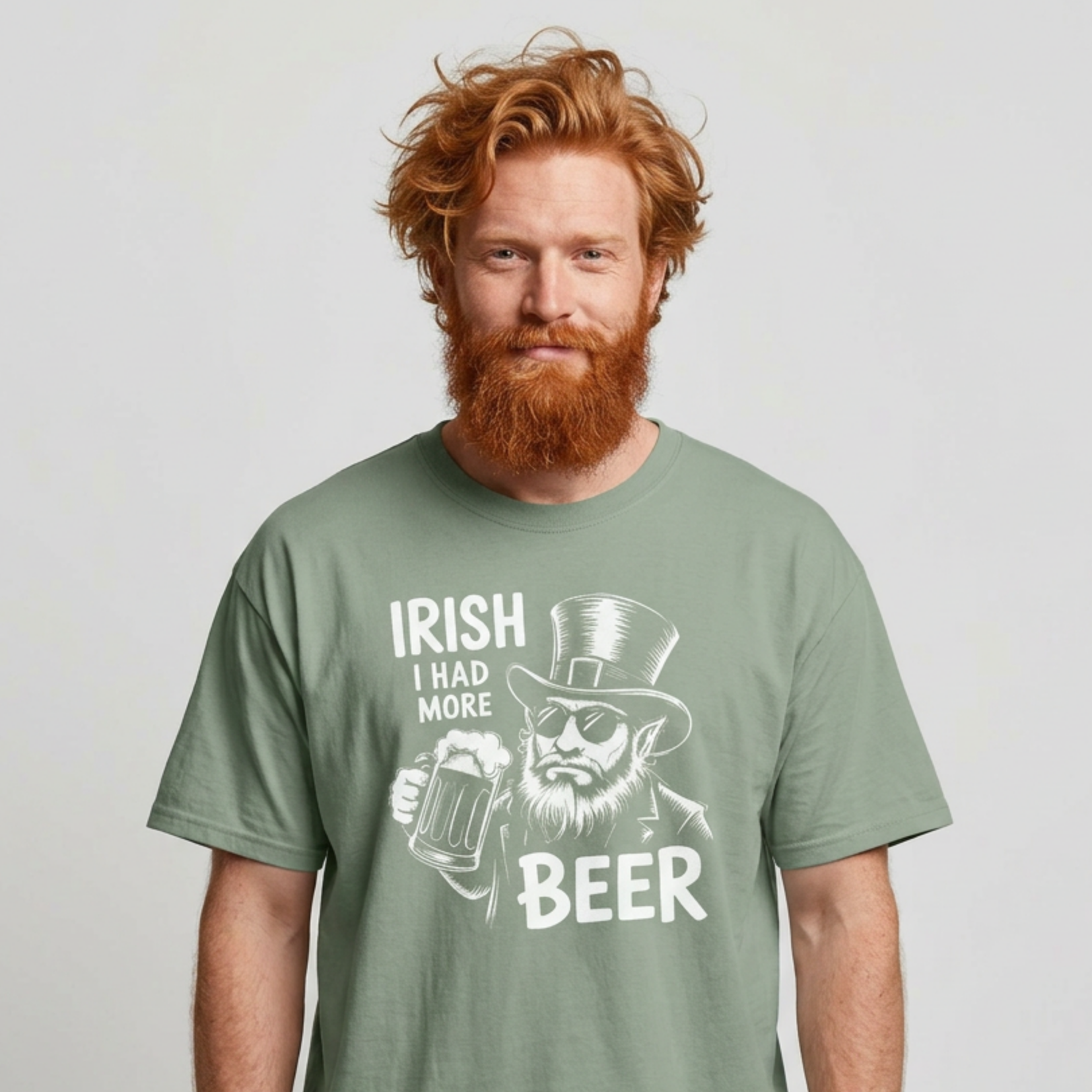 Man wearing a green t-shirt with 'Irish I had more beer' graphic design funny St Patricks Day pub crawl and parade design