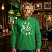 Man wearing a green long sleeve tee with leprechaun graphic and text 'Irish I had more beer' funny St Patricks pub crawl and parade design