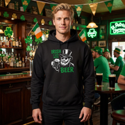 A man wearing a black hoodie with 'Irish I Had More Beer' text and a leprechaun graphic funny St Patricks Day pub crawl and parade design