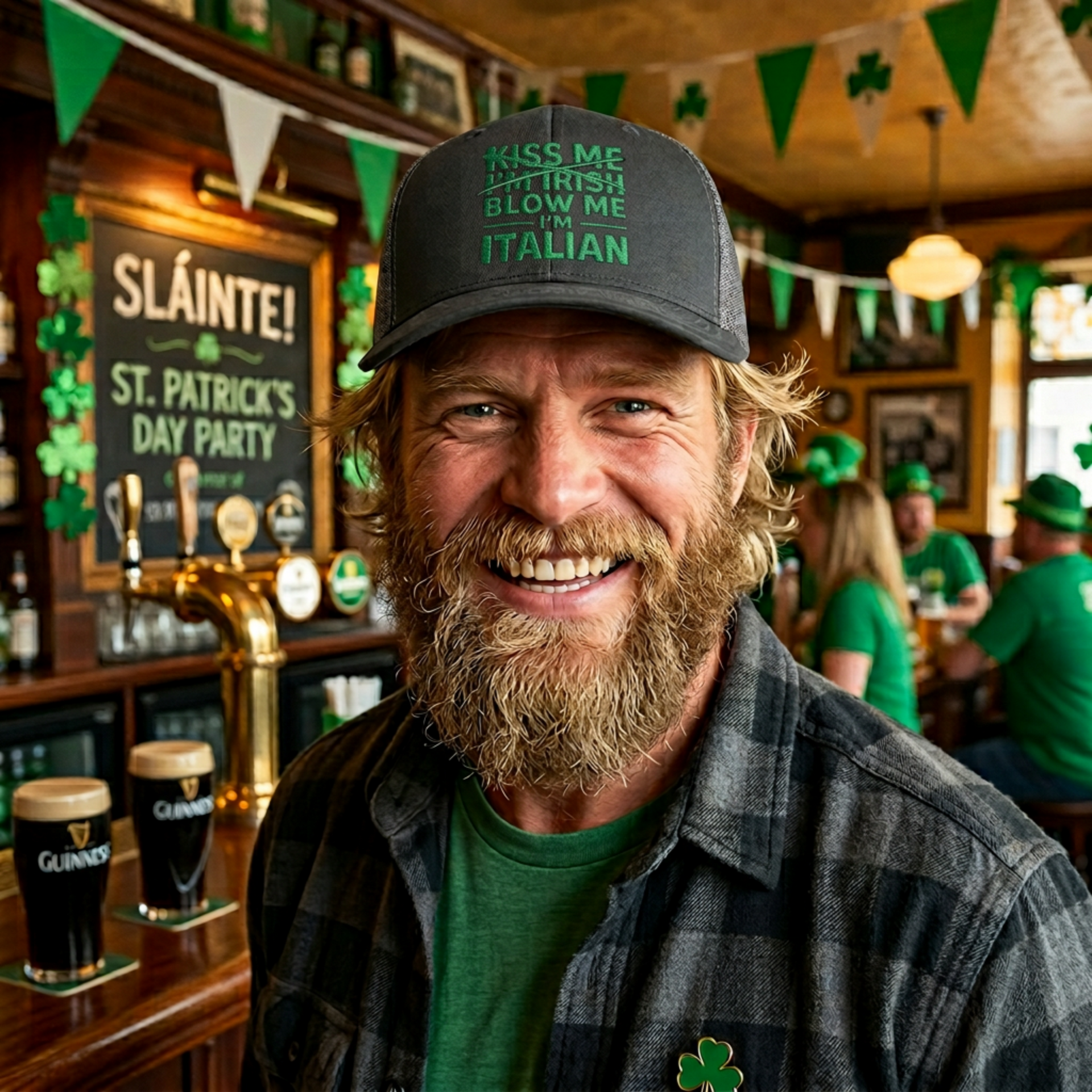 man wearing a black and gray curved bill trucker hat with the text 'Kiss me I'm Irish, blow me Italian' funny st patricls day pub crawl design