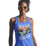 Racerback tank with "I Come to the Lake for the Views and Stay for the Booze," featuring a man in a beach chair, lake, and sunset.