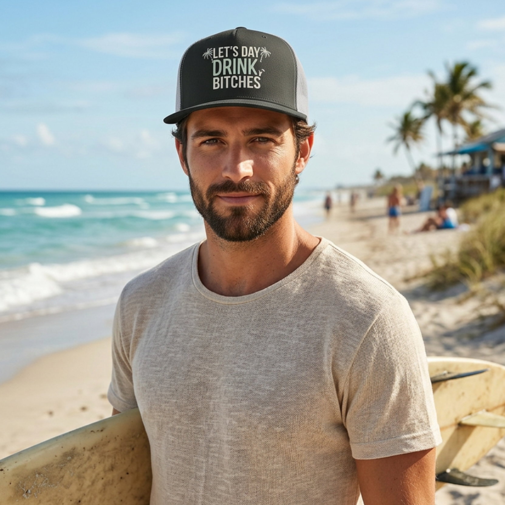 mane wearing a black and white flat bill trucker hat with the text 'LET'S DAY DRINK BITCHES' printed on the front, featuring palm tree graphics.