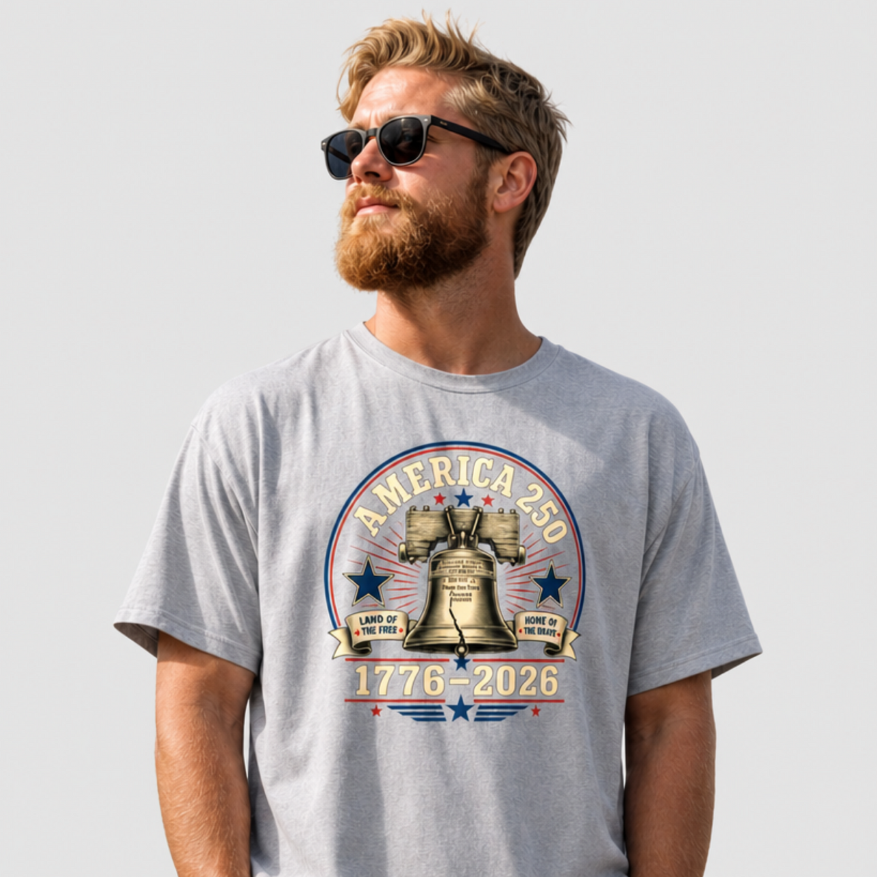 Man wearing a gray t-shirt with a 'America 250' Patriotic 4th of July, Memorial Day design