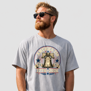 Man wearing a gray t-shirt with a 'America 250' Patriotic 4th of July, Memorial Day design