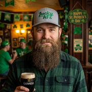 man wearing a gray and black curved bill trucker hat with 'Lucky AF' text funny st patricks day pub crawl design