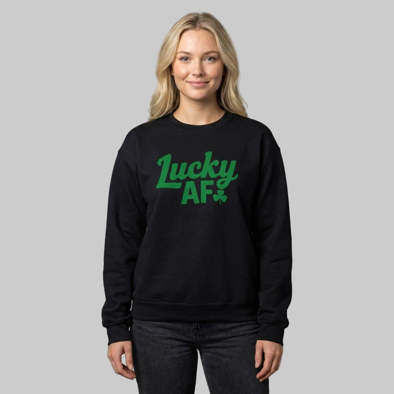 Person wearing a black sweatshirt with the phrase 'Lucky AF' funny st patricks day design