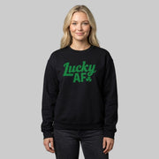Person wearing a black sweatshirt with the phrase 'Lucky AF' funny st patricks day design