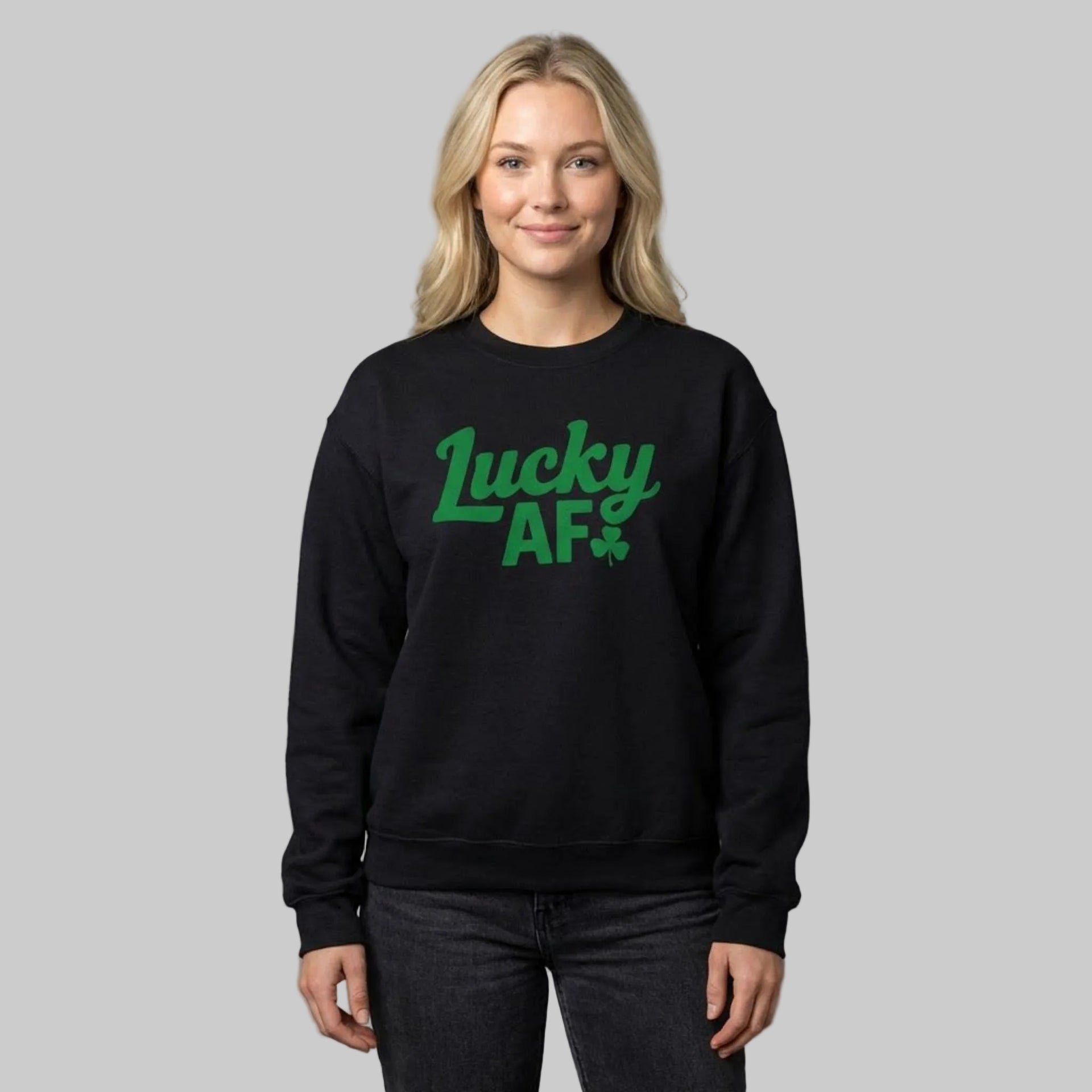Person wearing a black sweatshirt with the phrase 'Lucky AF' funny st patricks day design