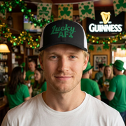 man wearing a black and white curved bill trucker hat with 'Lucky AF' text funny st patricks day pub crawl design
