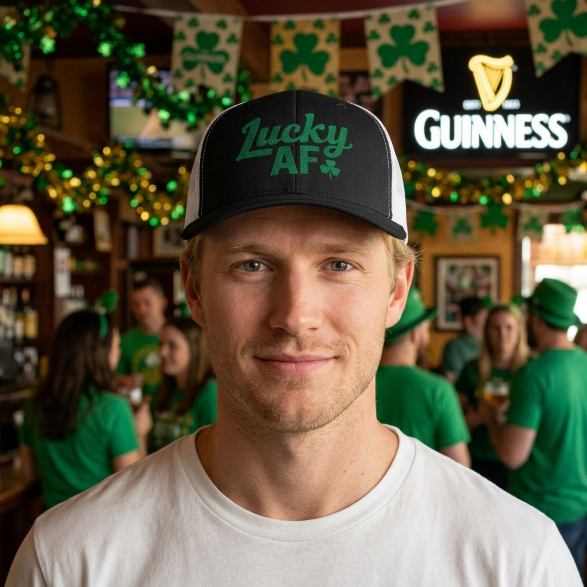 man wearing a black and white curved bill trucker hat with 'Lucky AF' text funny st patricks day pub crawl design