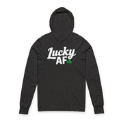 black lightweight St Patricks  Day hoodie with the Phrase “LUCKY AF”  with a shamrock to complete the design