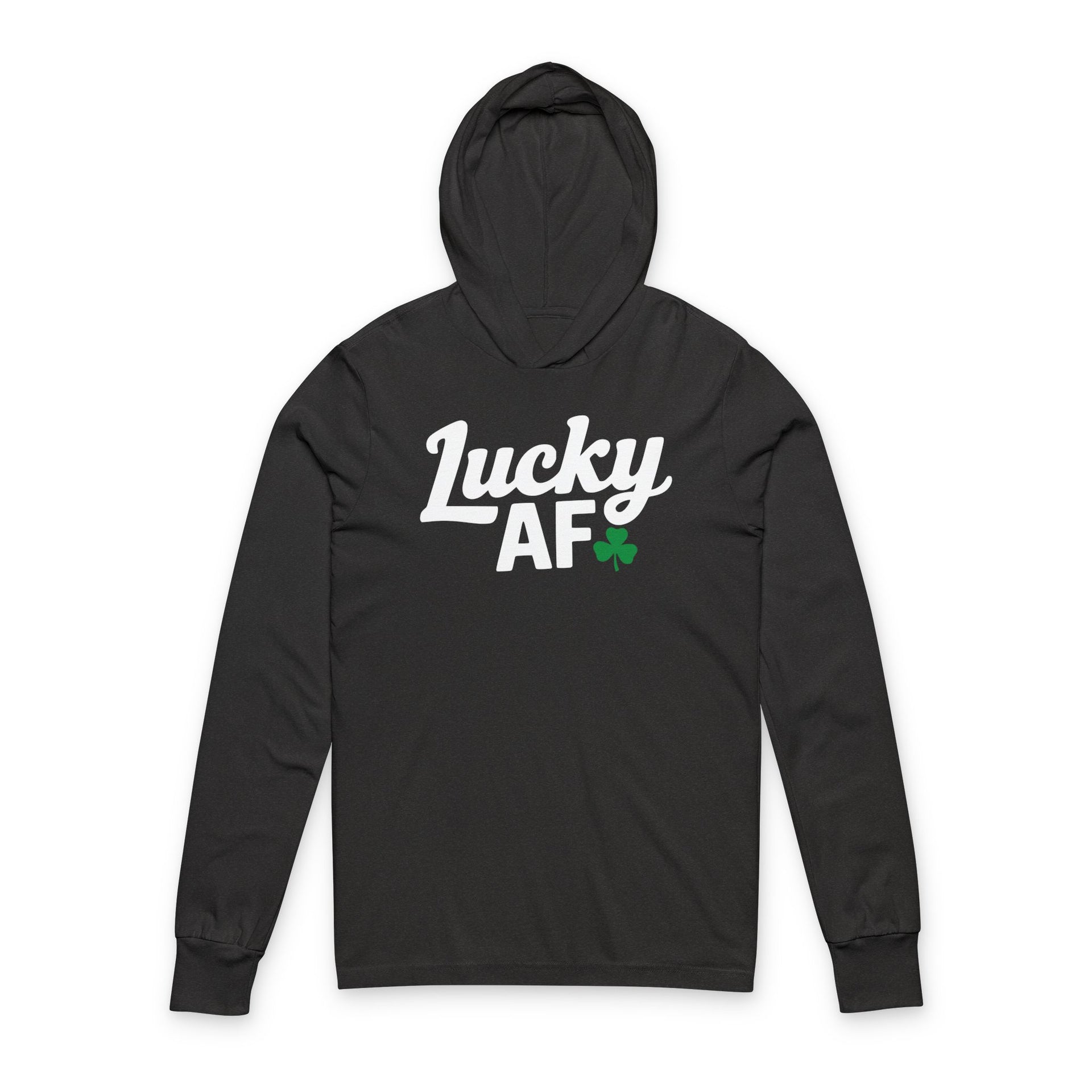 black lightweight St Patricks  Day hoodie with the Phrase “LUCKY AF”  with a shamrock to complete the design