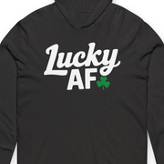zoomed in view of a blacklightweight St Patricks  Day hoodie with the Phrase “LUCKY AF”  with a shamrock to complete the design