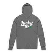gray lightweight St Patricks  Day hoodie with the Phrase “LUCKY AF”  with a shamrock to complete the design