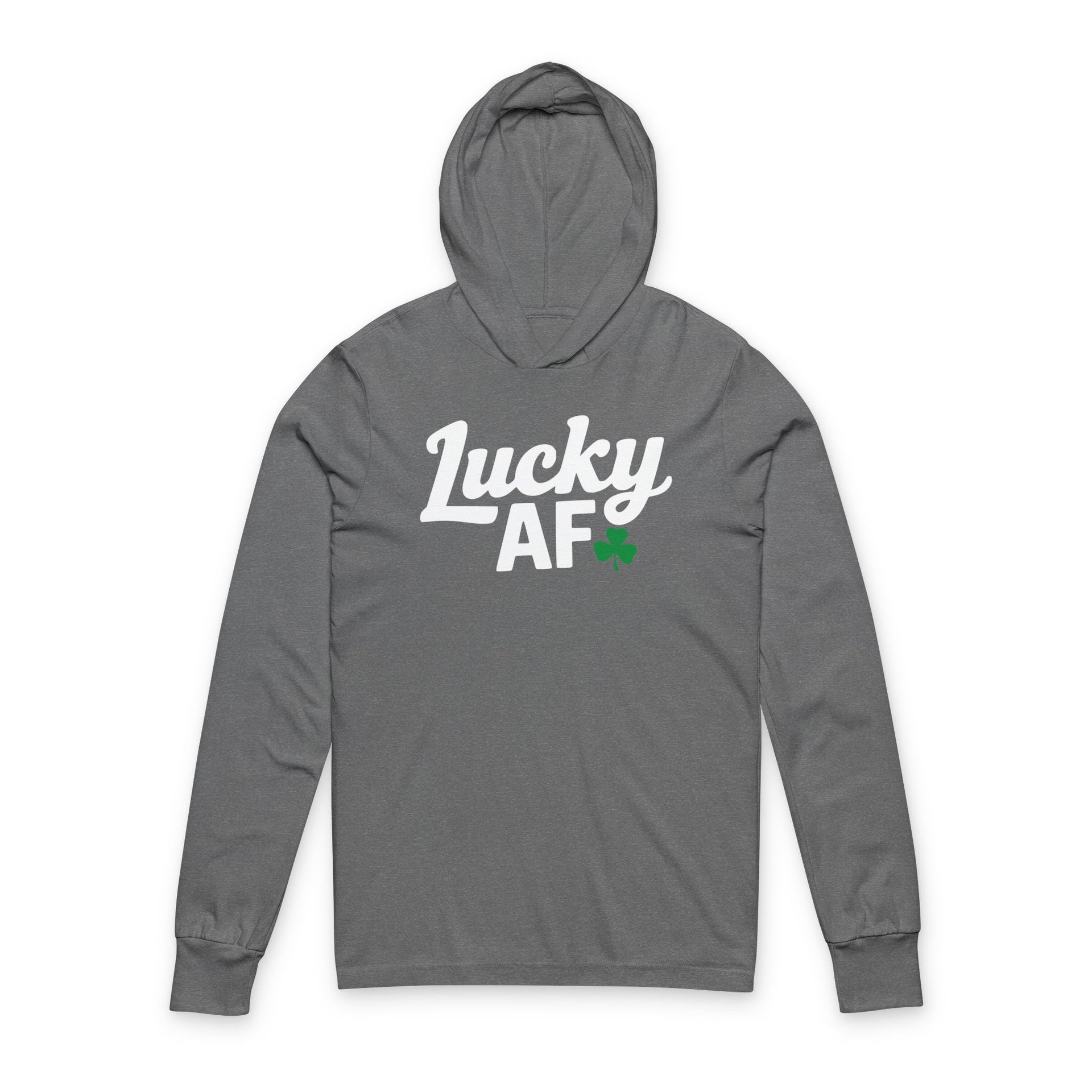 gray lightweight St Patricks  Day hoodie with the Phrase “LUCKY AF”  with a shamrock to complete the design