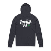 navy lightweight St Patricks  Day hoodie with the Phrase “LUCKY AF”  