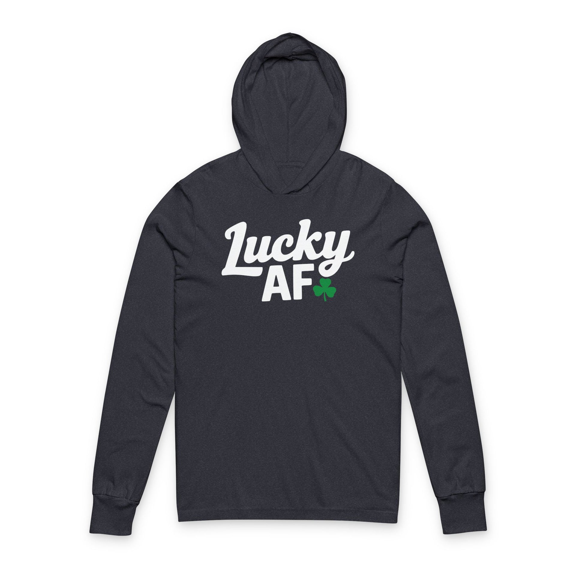navy lightweight St Patricks  Day hoodie with the Phrase “LUCKY AF”  