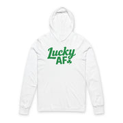 white lightweight St Patricks  Day hoodie with the Phrase “LUCKY AF”  with a shamrock to complete the design