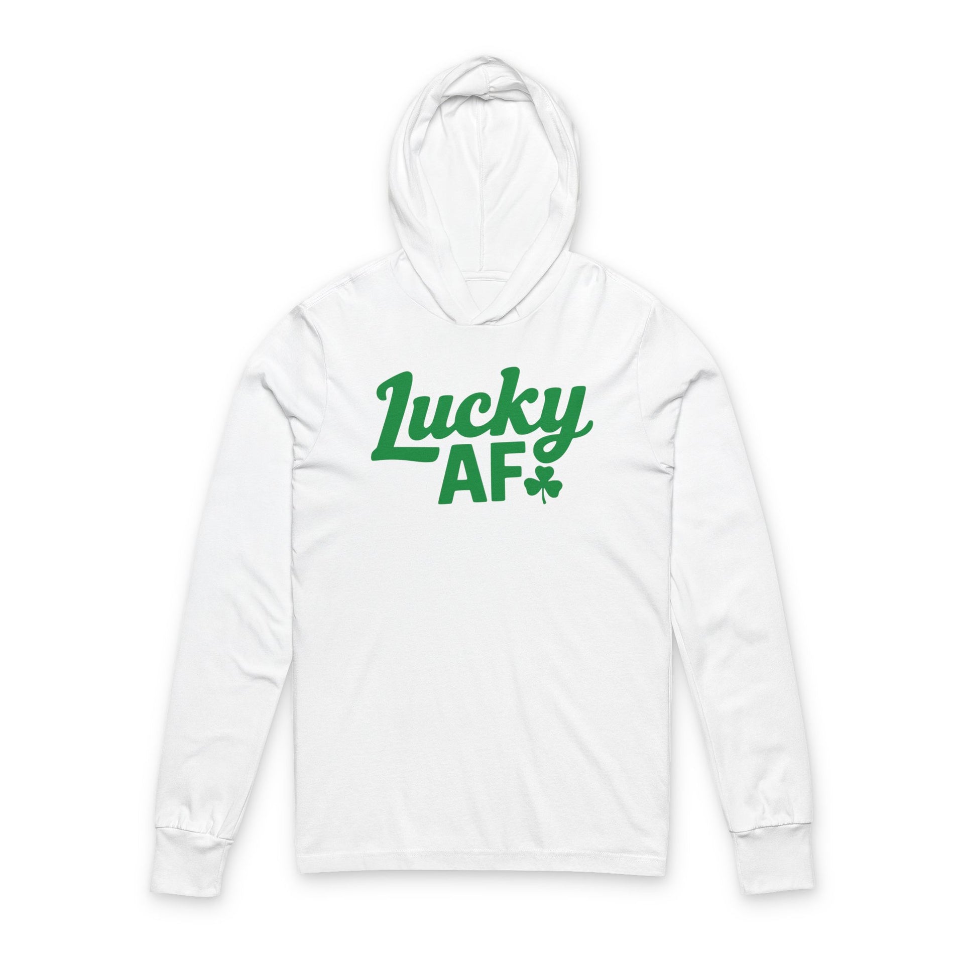 white lightweight St Patricks  Day hoodie with the Phrase “LUCKY AF”  with a shamrock to complete the design