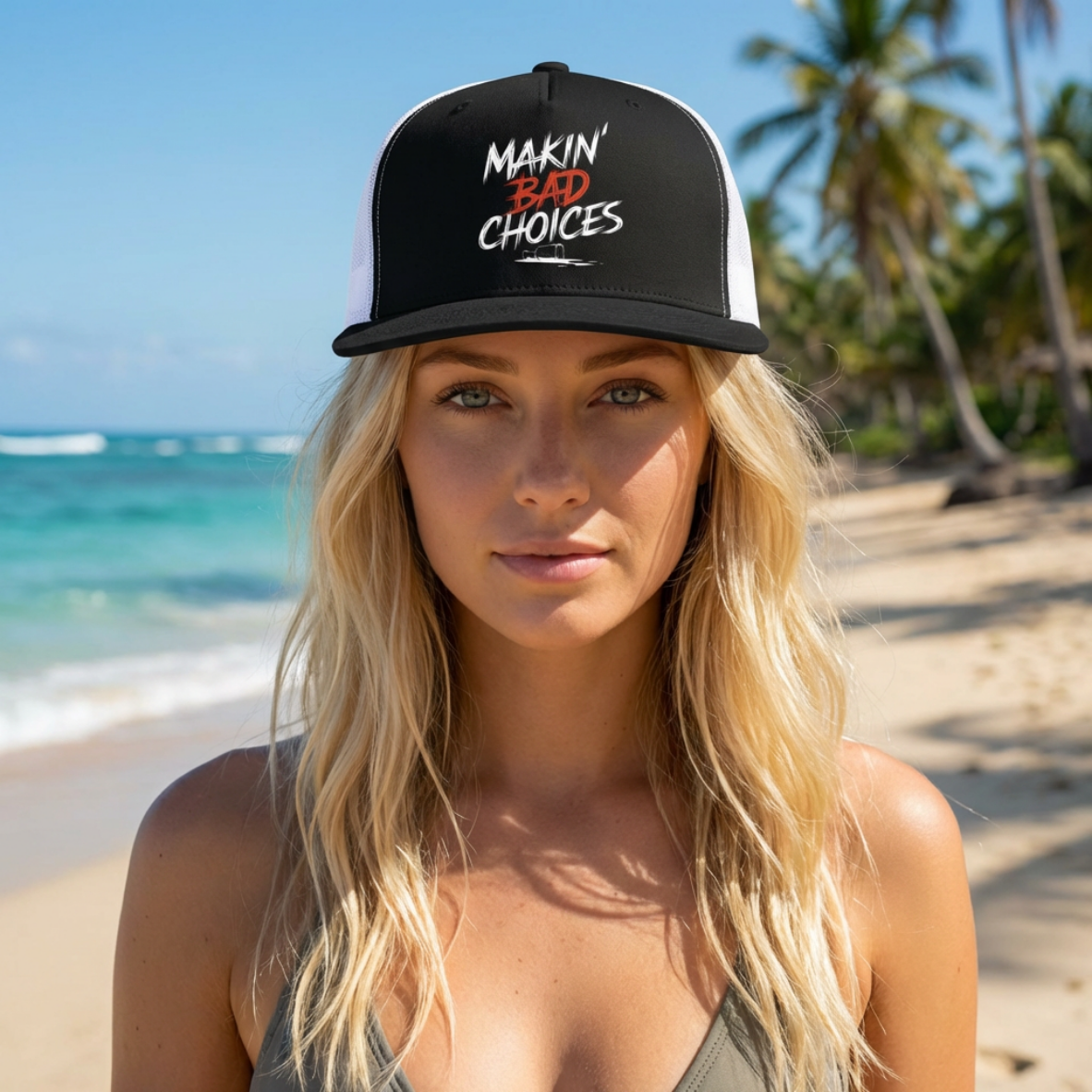 woman wearing a black and white flat bill trucker hat  with the phrase "Makin' Bad Choices" funny spring break, beach vacation, lake season design