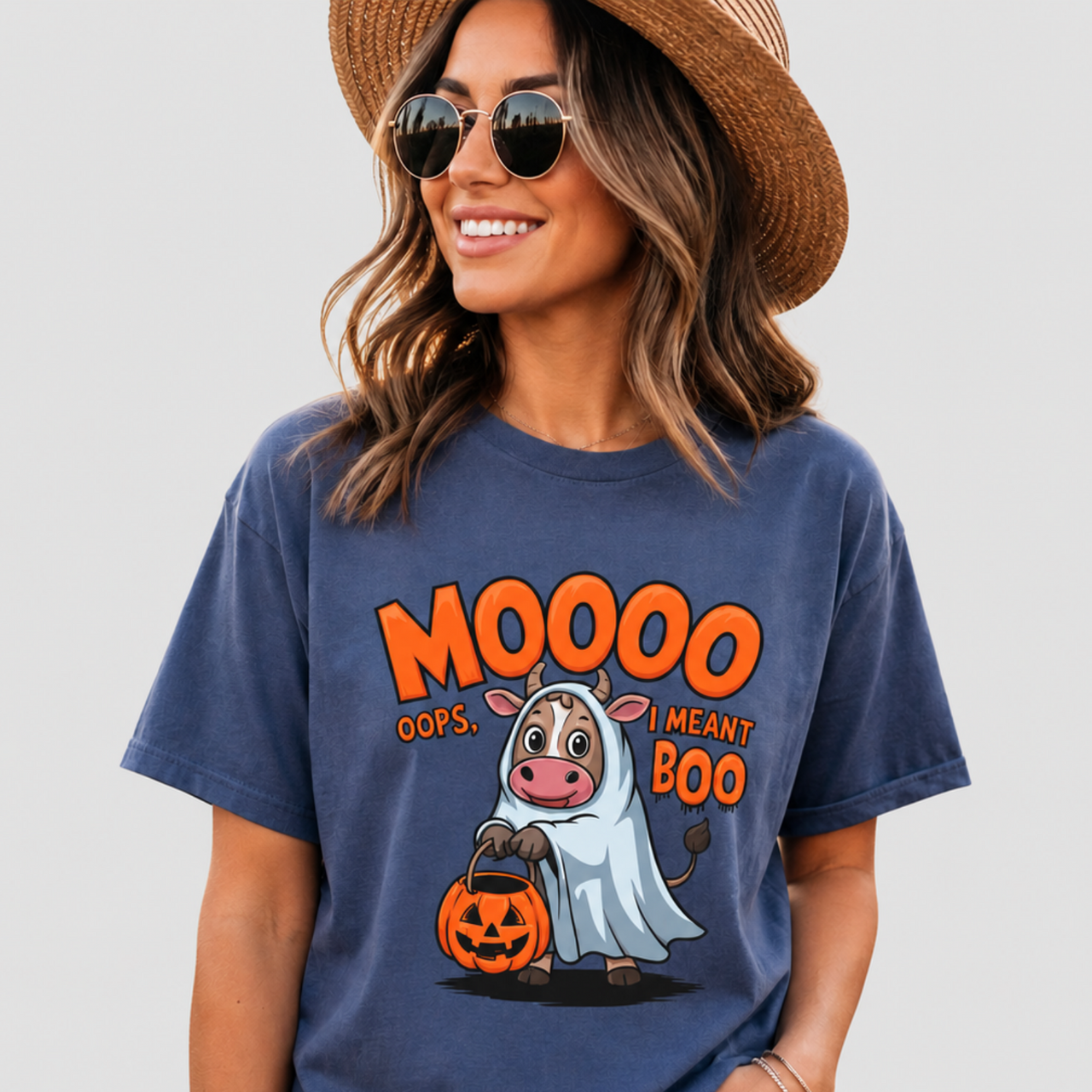 A woman wearing a faded navy blue graphic t-shirt with a cartoon cow dressed as a ghost and the text 'MOOOO OOPS. I MEANT BOO'.
