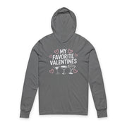 gray featherweight hoodie with the phrase "My Favorite Valentines".  Below the Phrase are three cocktail glasses. Minimalist Valentines Heart outlines surround the the phrase to complete the design
