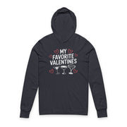navy featherweight hoodie with the phrase "My Favorite Valentines".  Below the Phrase are three cocktail glasses. Minimalist Valentines Heart outlines surround the the phrase to complete the design
