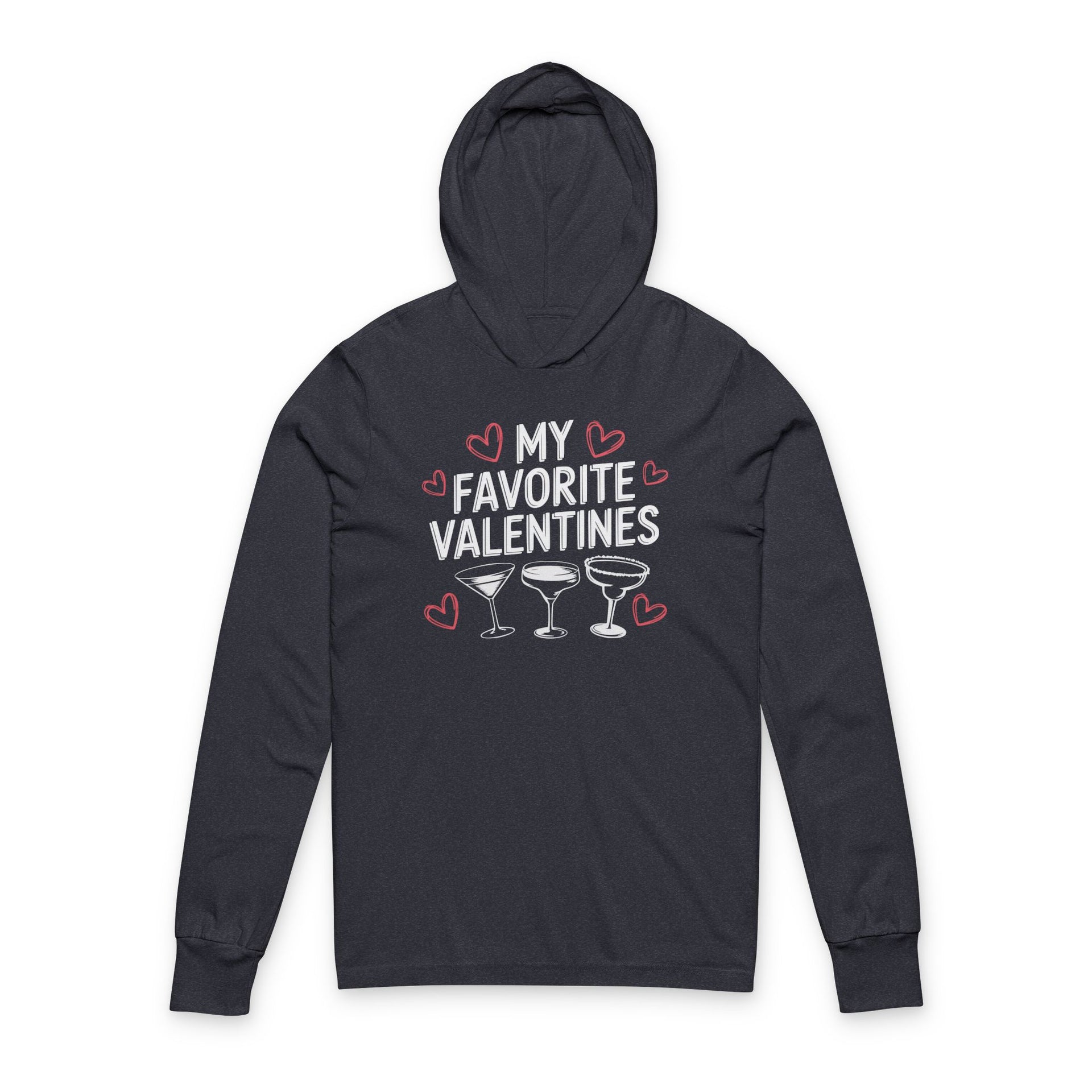 navy featherweight hoodie with the phrase "My Favorite Valentines".  Below the Phrase are three cocktail glasses. Minimalist Valentines Heart outlines surround the the phrase to complete the design
